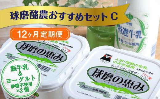【12ヶ月定期便】球磨酪農おすすめセットC(瓶牛乳&ヨーグルト砂糖不使用×2個)熊本県湯前町108000卵・乳製品ヨーグルト