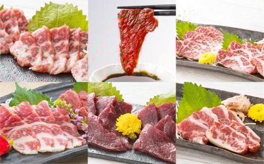 桜屋 馬刺し スライスセット 6種 計約600g 各約100g 【特上トロ・トロ・霜降り・特選赤身・特上赤身・上赤身】 馬肉 お肉 馬刺 醤油付き 詰め合わせ 真空パック 冷凍 熊本県 湯前町熊本県湯前