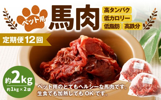 【12回定期便】ペット用馬肉 約2kg(約1kg×2袋) 合計約24kg ペットフード 馬 肉 高タンパク 低カロリー熊本県湯前町240000肉ジビエ