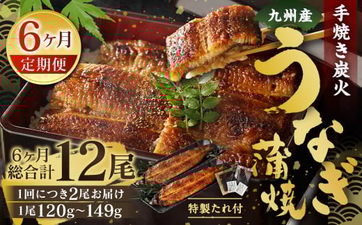 【6ヶ月定期便】九州産 手焼き炭火 うなぎ蒲焼 2尾(1尾あたり120〜149g) 合計12尾 たれ 山椒 鰻 蒲焼き 冷凍 国産  鹿児島、宮崎、熊本等産うなぎ原料使用福岡県北九州市98000魚介・海産物う