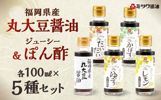 福岡県産丸大豆醤油・ジューシーぽん酢 4種 100ml×5本セット 1箱入り 食べ比べ 調味料 醤油 しょうゆ だいだい ゆず 柚子 かぼす レモン 柑橘福岡県北九州市13000調味料・油醤油
