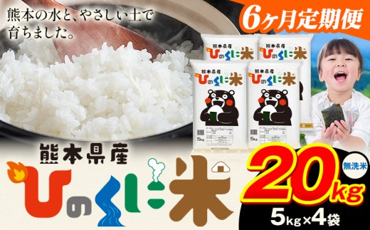 【6ヶ月定期便】 無洗米 ひのくに米 20kg 《11月から出荷開始》 食品 米 こめ コメ 熊本県産 ふるさと納税 お米 おこめ 熊本熊本県産山村267000米・パン無洗米