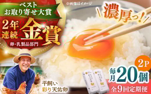 【卵の定期便】【全9回定期便】黄身の濃厚なコクと白身の甘み!たたらの里平飼い 彩り天佑卵 20個入り(10個×2P)たまご 卵 放牧卵 玉子 タマゴ 鶏卵 生卵 国産 平飼い 放し飼い 卵焼き 卵