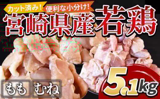 <宮崎県産若鶏切身5.1kg 鶏肉 >入金確認後、翌々月までに順次出荷【 鶏肉 詰め合わせ セット からあげ 唐揚げ カレー シチュー BBQ 煮物 チキン南蛮 小分け おかず おつまみ お弁当 惣菜