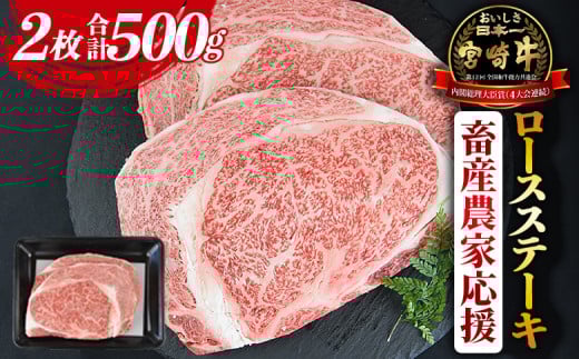 【畜産農家応援】<宮崎牛 ロースステーキ 2枚 合計500g>入金確認後、1〜3か月以内に順次出荷【牛肉 黒毛和牛 ブランド牛 4等級以上 高級 国産 お取り寄せグルメ お祝い 特産品 ミヤチク 宮