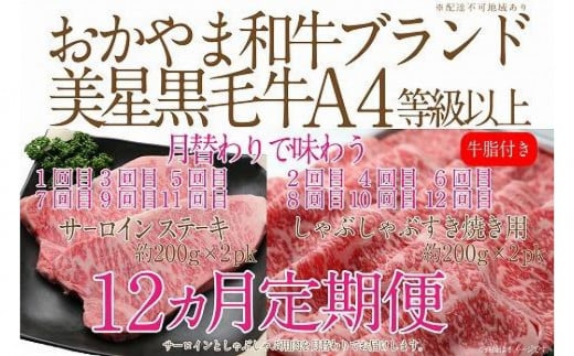【定期便12か月】岡山 黒毛和牛 美星牛 A4等級以上 牛脂付き 12か月定期便 合計約4800g  生産者直送便 美星牧場 定期便岡山県岡山市324000肉牛肉