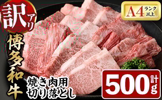 <訳あり・不揃い>博多和牛焼肉切り落とし(肩ロース・バラ)(計500g) 牛肉 黒毛和牛 国産 BBQ 化粧箱 贈答 ギフト プレゼント <離島配送不可>【ksg1405】【MEATPLUS】福岡県春日市12000肉牛肉