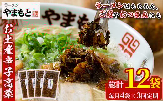 <定期便・全3回(連続)>お土産辛子高菜(総量12袋・4袋×3回)漬物 漬け物 高菜 辛子高菜 ご飯のお供 おかず おつまみ ラーメン 福岡 小分け 常温 常温保存 定期便【ksg1444】【ラーメンやまもと