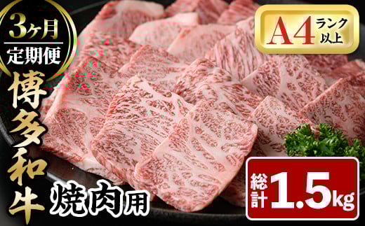 <全3回定期>博多和牛焼肉用(総計1.5kg)牛肉 黒毛和牛 国産 BBQ 化粧箱 贈答 ギフト プレゼント 定期便<離島配送不可>【ksg1719】【MEATPLUS】福岡県春日市33000肉牛肉
