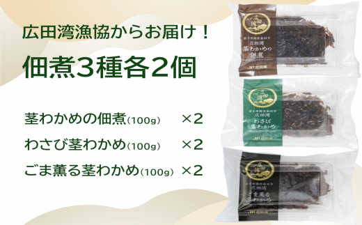広田湾漁協からお届け!佃煮3種各2個セット 〈 茎わかめ佃煮 / わさび茎わかめ佃煮 / ごま薫る茎わかめ佃煮 〉岩手県陸前高田市13000魚介・海産物のり・海藻