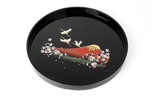 木製丸盆 30cm 一富士二鶴三桜【YG395】和歌山県上富田町36000雑貨・日用品食器・グラス