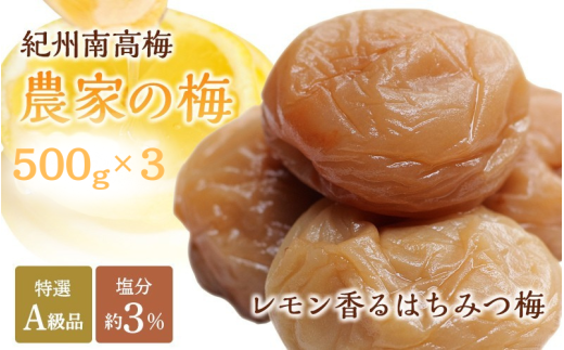 紀州南高梅「農家の梅」はちみつ梅(塩分約3%)500g×3 ※レモンパウダー入り  / 紀州南高梅 南高梅 梅干し 梅干 梅 うめ 和歌山 田辺市 肉厚 お米 おにぎり 焼酎 梅酒 健康 はちみつ梅 塩