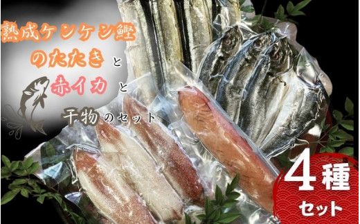 熟成ケンケン鰹のたたきと赤イカと干物のセット(熟成ケンケン鰹タタキ×1節、赤イカ・旨イカ・甘イカからランダムで×3〜5匹 、干物×6枚【あじ開き×3 、さんまみりん干し×3】)/ かつお