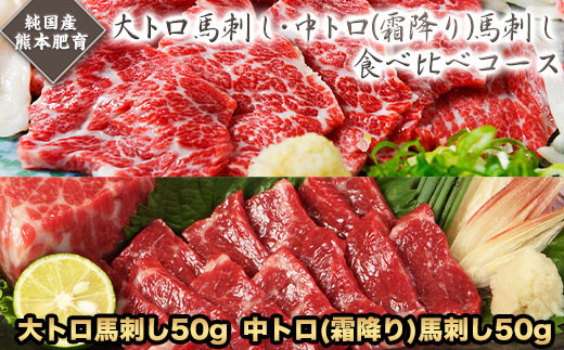 大トロ馬刺し・中トロ(霜降り)馬刺し食べ比べコース【純国産熊本肥育】大トロ馬刺し(50g)、中トロ(霜降り)馬刺し(50g)《30日以内に出荷予定(土日祝除く)》 ふるさと納税 st-p熊本県荒尾市10000