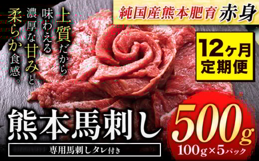 【12ヶ月定期便】馬刺し 赤身 馬刺し 500g【純 国産 熊本 肥育】 たっぷり タレ付き 生食用 冷凍《お申込み月の翌月から出荷開始》 国産 絶品 馬肉 肉 ギフト 定期便熊本県荒尾市180000肉ジビ