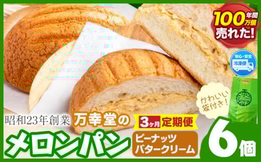 【3ヶ月定期便】パン メロンパン 冷凍 ピーナッツバタークリーム 6個 手土産 おすそ分け スイーツ パン ギフト 菓子パン 万幸堂 《お申し込み月の翌月から出荷開始》熊本県 荒尾市  ベーカ