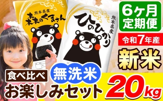 令和7年産 新米 無洗米【6ヶ月定期便】ひのひかり 森のくまさん 2種 食べ比べ 20kg (5kg × 4袋) 計6回お届け 無洗米 熊本県産 単一原料米 ひの 森くま 熊本県 荒尾市《1月から出荷開始》熊本県