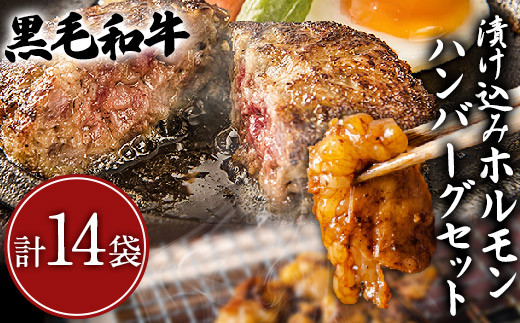 黒毛和牛漬け込みホルモン・ハンバーグセット(計14袋) 絶品 ブランド牛 黒毛和種 有限会社トップルーフ《60日以内に出荷予定(土日祝除く)》熊本県大津町50000肉加工肉(ハム・ソーセージ