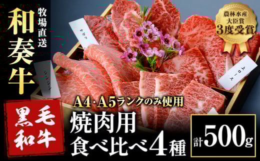 厳選 くまもと黒毛和牛 焼肉用食べ比べ4種 500g《30日以内に出荷予定(土日祝除く)》熊本県 大津町 和牛焼肉LIEBE くまもと黒毛和牛 厳選部位 上ロース ハラミ サガリ シンシン 冷蔵 リーベ熊本