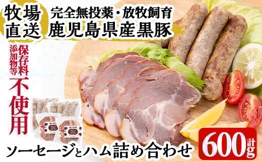 a829 月ノ灯牧場直送!保存料・添加物等不使用の鹿児島県産黒豚ソーセージとハム詰め合わせ合計600g(ソーセージ200g×2p・ハム100g×2p)【pig village company】 姶良市 国産 豚肉 鹿児島黒豚 ハム ソ