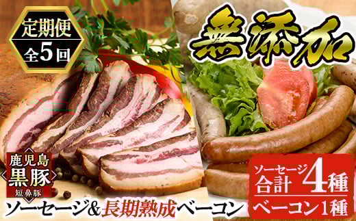 a877 《定期便全5回》鹿児島黒豚「短鼻豚」無添加ソーセージ&長期熟成ベーコン【鹿児島ますや】 姶良市 ウインナー ウィンナー フランクフルト ベーコンブロック 無添加 長期熟成 おつま
