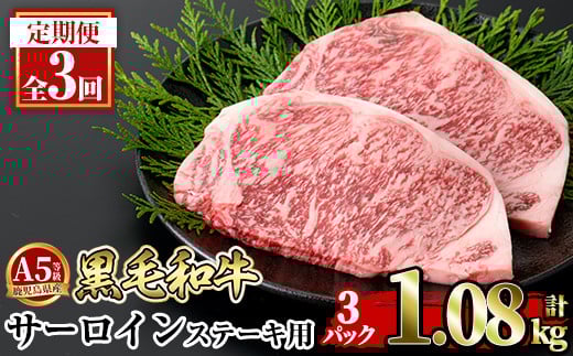a853-E 【3回定期便】≪A5等級≫鹿児島県産黒毛和牛サーロイン2枚入り(3P計1.08kg) ギフト箱入り【水迫畜産】姶良市 国産 牛肉 ステーキ ステーキ肉 和牛鹿児島県姶良市38000肉牛肉