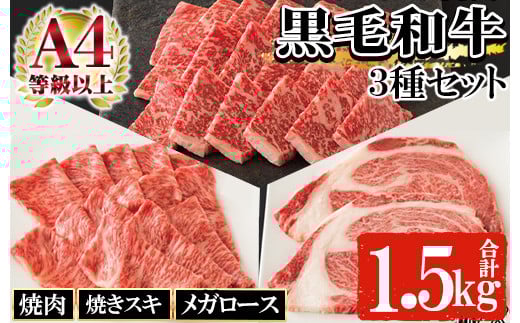 鹿児島県産 黒毛和牛 3種盛り合わせ Bセット 1500g(メガロース肉 500g・焼肉用赤身肉 500g・焼きスキロース肉 500g)自家製割り下付き!A4等級以上 詰合せ 冷凍 国産 鹿児島県産 黒毛和牛 食べ
