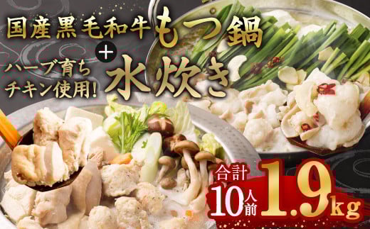 国産黒毛和牛もつ鍋 6人前 冷凍ちゃんぽん・濃縮スープ付+ハーブ育ちチキン使用!水炊き4人前 合計10人前 【3月発送】福岡県太宰府市12000鍋セット・総菜・加工食品カレー・シチュー