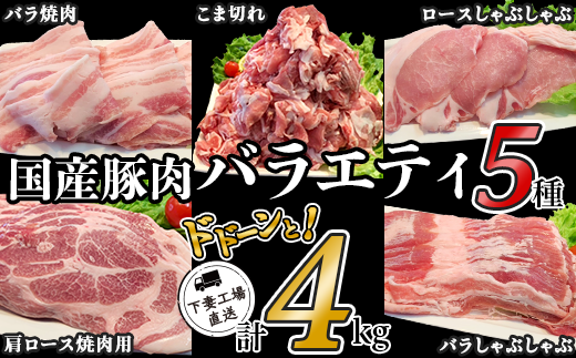 国産豚肉 バラエティ5種セット 4kg ( 小分け 真空包装 )【 下妻工場直送 】【 豚肉 パック セット ロース バラ しゃぶしゃぶ 豚しゃぶ 小分け 便利 国産 料理 ポーク ぶたにく 国産豚 マルリ