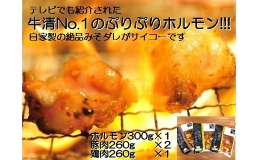 1508 自家製 みそダレ Eセット  牛 ホルモン 300g×1 豚肉 ×2 鶏肉 ×1/ 黒毛和牛ホルモン 牛清 バーベキュー BBQ キャンプ 牛肉 ぶた肉 とり肉 特製 味噌漬 味付 伊勢志摩三重県伊勢市1300