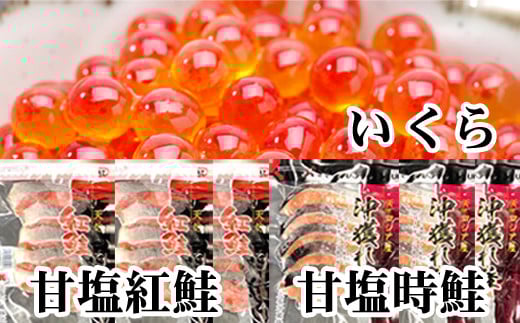 E-30002【12/21まで年内配送】 甘塩紅鮭5切×10P、甘塩時鮭5切×10P、いくら醤油漬け100g×5Pセット北海道根室市92000魚介・海産物いくら