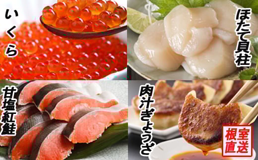 B-70027【年内配送可】 餃子25個、紅鮭10切、いくら100g、ほたて200g北海道根室市23000肉その他 肉