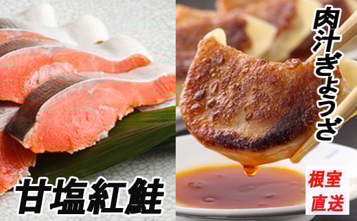 B-70031【年内配送可】 餃子25個×2P、甘塩紅鮭5切×3P北海道根室市23000肉その他 肉