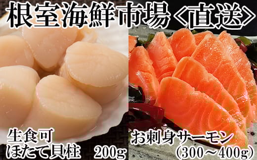 A-11206【年内配送可】  刺身用ほたて貝柱200g・刺身用トラウトサーモン(背)300〜400g×1本北海道根室市14000魚介・海産物貝類