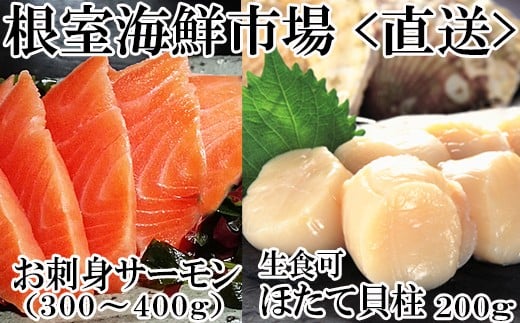 A-14221【12/10まで年内配送】  刺身用ほたて貝柱200g・刺身用トラウトサーモン(背)300〜400g×1本北海道根室市14000魚介・海産物貝類