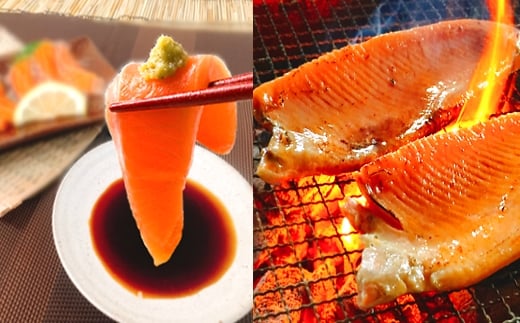 E-09002【12/14まで年内配送】 お刺身トラウトサーモン10〜20本(計5kg)&とろサーモンハラミ15〜25枚(計5kg)北海道根室市92000魚介・海産物鮮魚