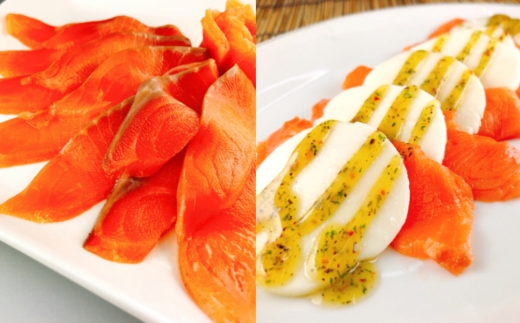 F-09012【12/14まで年内配送】 スモークサーモン4〜8P(計1kg)&スモークサーモンカプレーゼ5〜8P(計1kg)北海道根室市34000魚介・海産物鮮魚