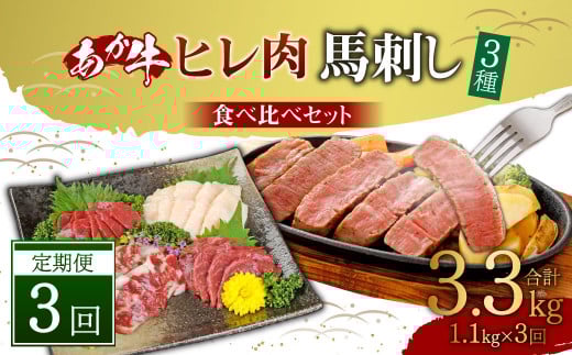 【定期便3ヶ月】あか牛 ヒレ肉 800g (6枚前後)・ 馬刺し 300g (赤身100g霜降り100gたてがみ100g) 食べ比べセット熊本県高森町300000肉牛肉