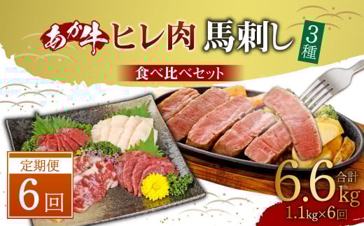 【定期便6ヶ月】あか牛 ヒレ肉 800g (6枚前後)・馬刺し 300g (赤身100g霜降り100gたてがみ100g) 食べ比べセット熊本県高森町600000肉牛肉