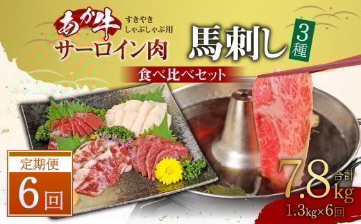 【定期便6ヶ月】あか牛 すきやき・しゃぶしゃぶ用 サーロイン肉1kg(500g×2) 馬刺し 300g(赤身100g霜降り100gたてがみ100g) 食べ比べセット熊本県高森町600000肉牛肉