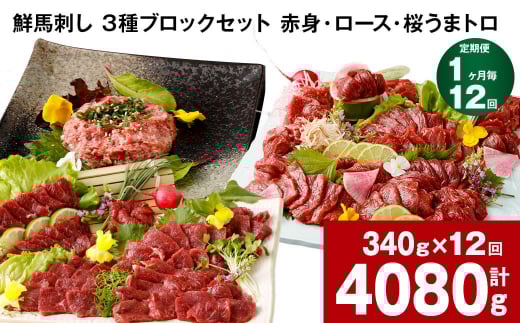 【1ヶ月毎12回定期便】鮮馬刺し 3種ブロックセット 計4080g熊本県高森町144000肉ジビエ