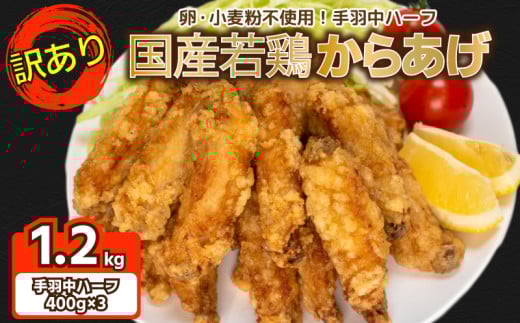 訳あり 唐揚げ 1.2kg 手羽中 ハーフ 400g×3 チキンヒーロー  ( 冷凍 真空パック 小分け 国産 若鶏 味 粉付き 簡単調理 からあげ 醤油 晩ごはん おかず 揚げるだけ 名物 肉特集 からあげ藤家 ) 下