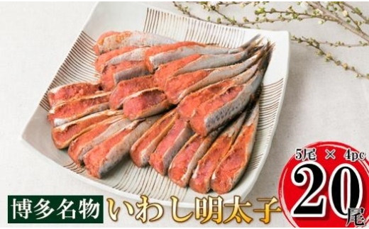 いわし明太子 20尾 (5尾×4pc) 化粧箱入り(国産真いわし使用)【明太子 めんたいこ 辛子明太子 無着色 魚介類 家庭用 お取り寄せグルメ ご飯のお供 お取り寄せ お土産 九州 ご当地グルメ 福