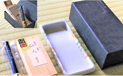 吉田陶芸 プチ硯セット 竹の硯/仙人の彩墨 有田焼 A35-71佐賀県有田町35000雑貨・日用品文房具