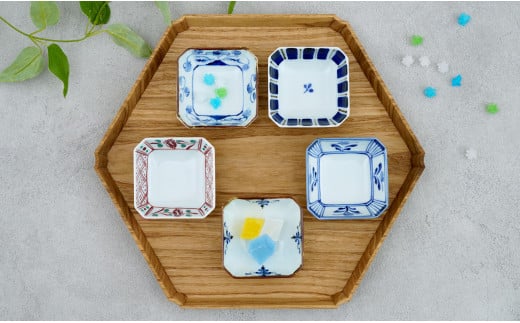 皓洋窯 有田焼 隅切小皿絵変わり5点セット 5枚 正方形 取り皿 食器 うつわ 器 ギフト 贈り物 A30-330佐賀県有田町30000雑貨・日用品食器・グラス