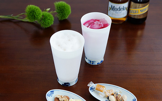 夕食を楽しませてくれる しん窯青花のパールシェルグラス(2個)と楕円小皿(2枚) の4点セット 小島芳栄堂 A55-72佐賀県有田町55000雑貨・日用品食器・グラス