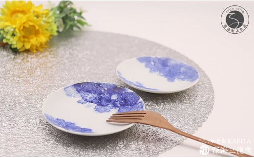 有田焼 BLUE ESPUMA / 丸小皿 2枚(深海三龍堂) 手のひらサイズ 豆皿 豆小皿 かわいい モダン 菓子皿 A12-122佐賀県有田町12500雑貨・日用品食器・グラス