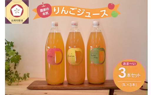 青森 りんごジュース 1L×3本 りんご 果汁 100% ストレート あまい 飲み比べ 詰め合わせ セット青森県五所川原市14000お茶・飲料果汁・野菜飲料