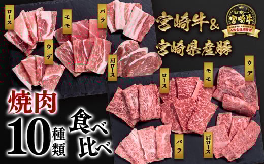 宮崎牛&宮崎県産豚肉 焼肉10種盛り 食べ比べセット計600g 宮崎牛4等級以上 国産牛 豚肉  ブランド牛 ミヤチク 内閣総理大臣賞4連覇<1.2-68>●宮崎県西都市13000肉牛肉