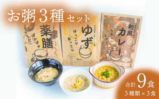 お粥 3種 計9食 おかゆ 米 特別栽培米 ゆず 薬膳 和風カレー レトルト 簡単調理徳島県海陽町20000鍋セット・総菜・加工食品総菜